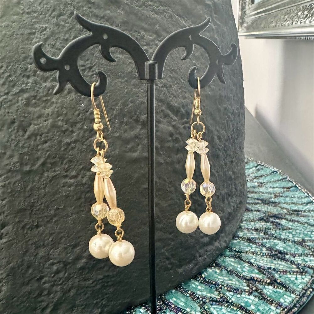 Vintage Faux Pearl & Crystal Dangle Earrings